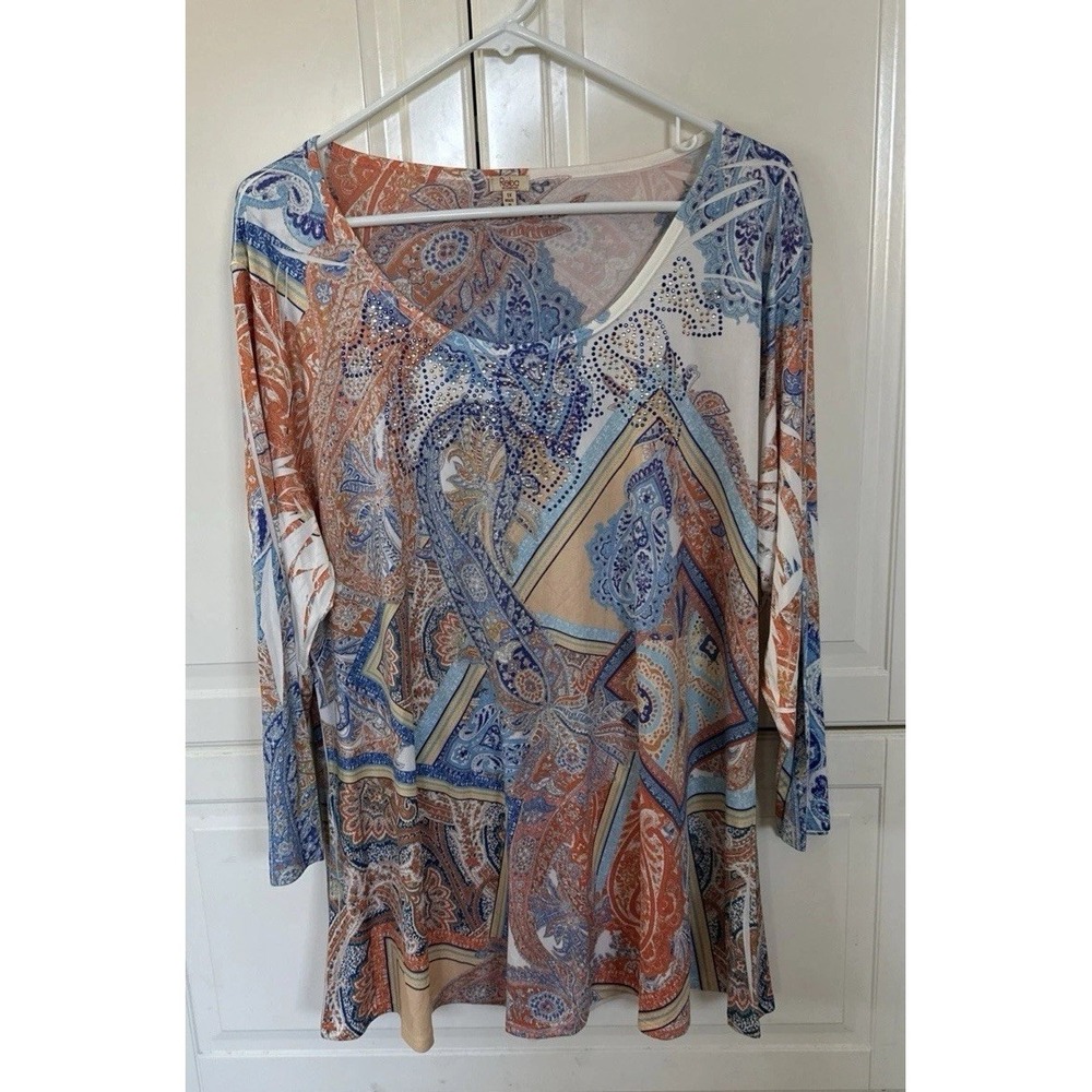 Reba Womens Top Size XL Mixed Media Stretch Shirt  Rhinestone